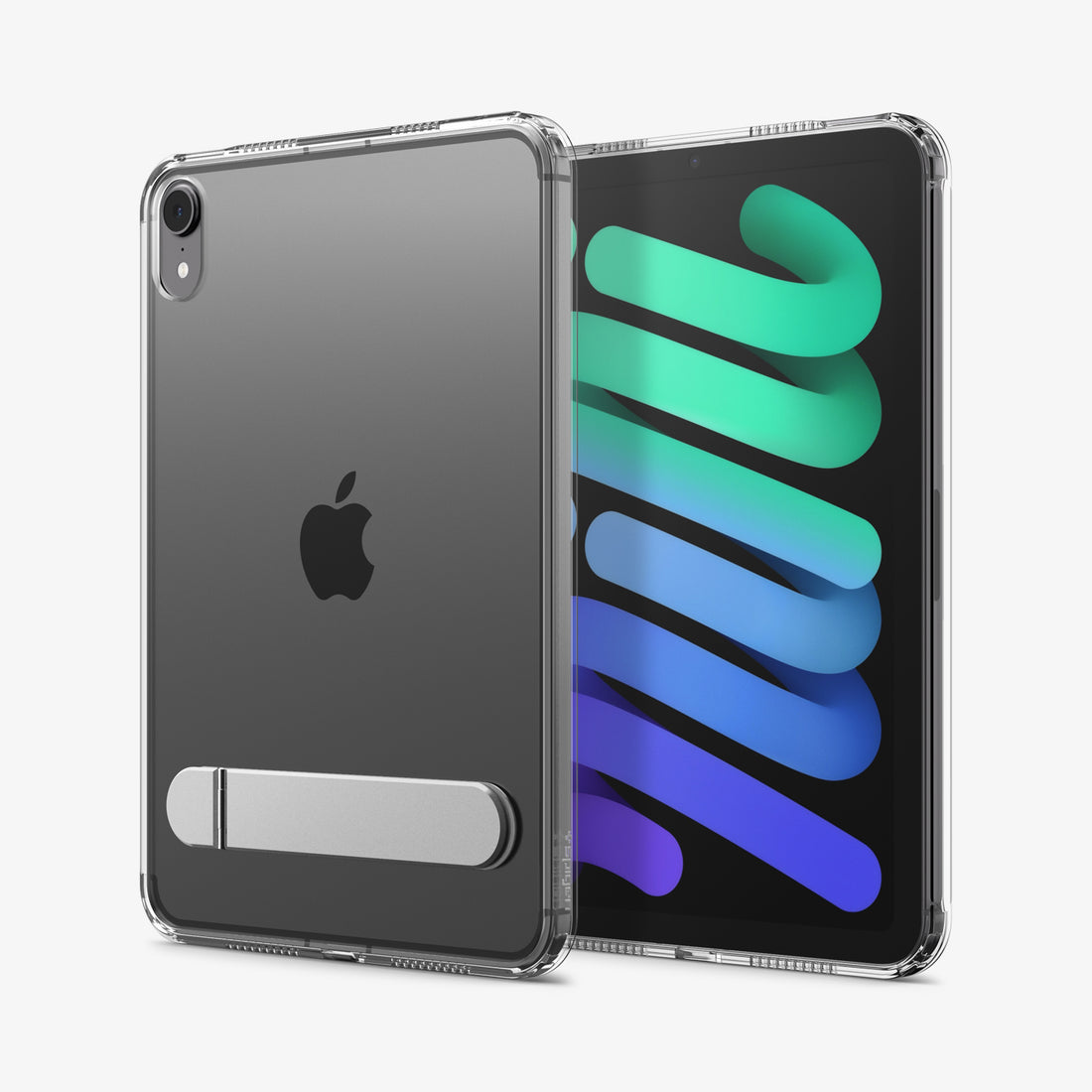 ACS11625 - Front and back views of an iPad Mini in the Spigen clear case, showing the folded kickstand and an attached Apple Pencil