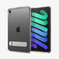 ACS11625 - Front and back views of an iPad Mini in the Spigen clear case, showing the folded kickstand and an attached Apple Pencil