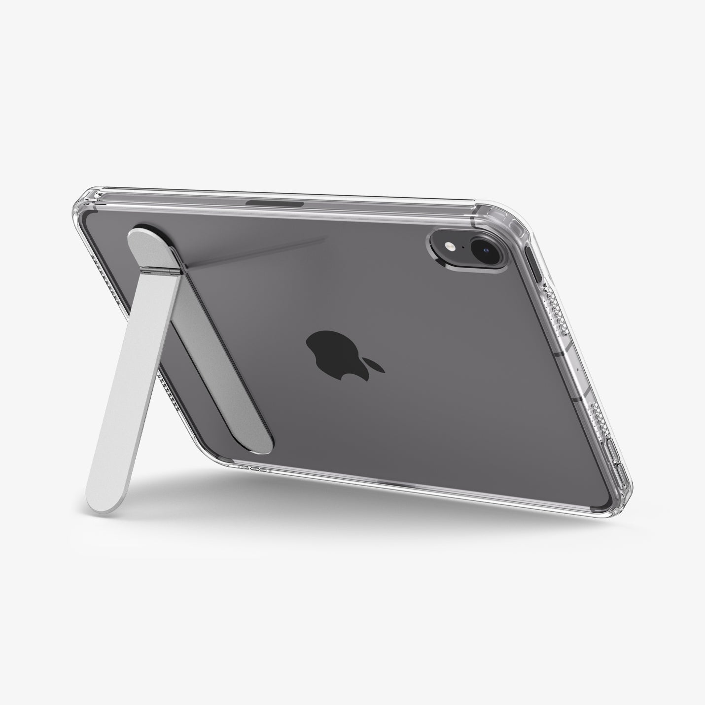 ACS11625 - Clear Spigen case with built-in kickstand extended, propping up an iPad Mini at an angle