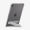 ACS11625 - Clear Spigen case with metal kickstand extended, shown propping up an iPad Mini in landscape orientation