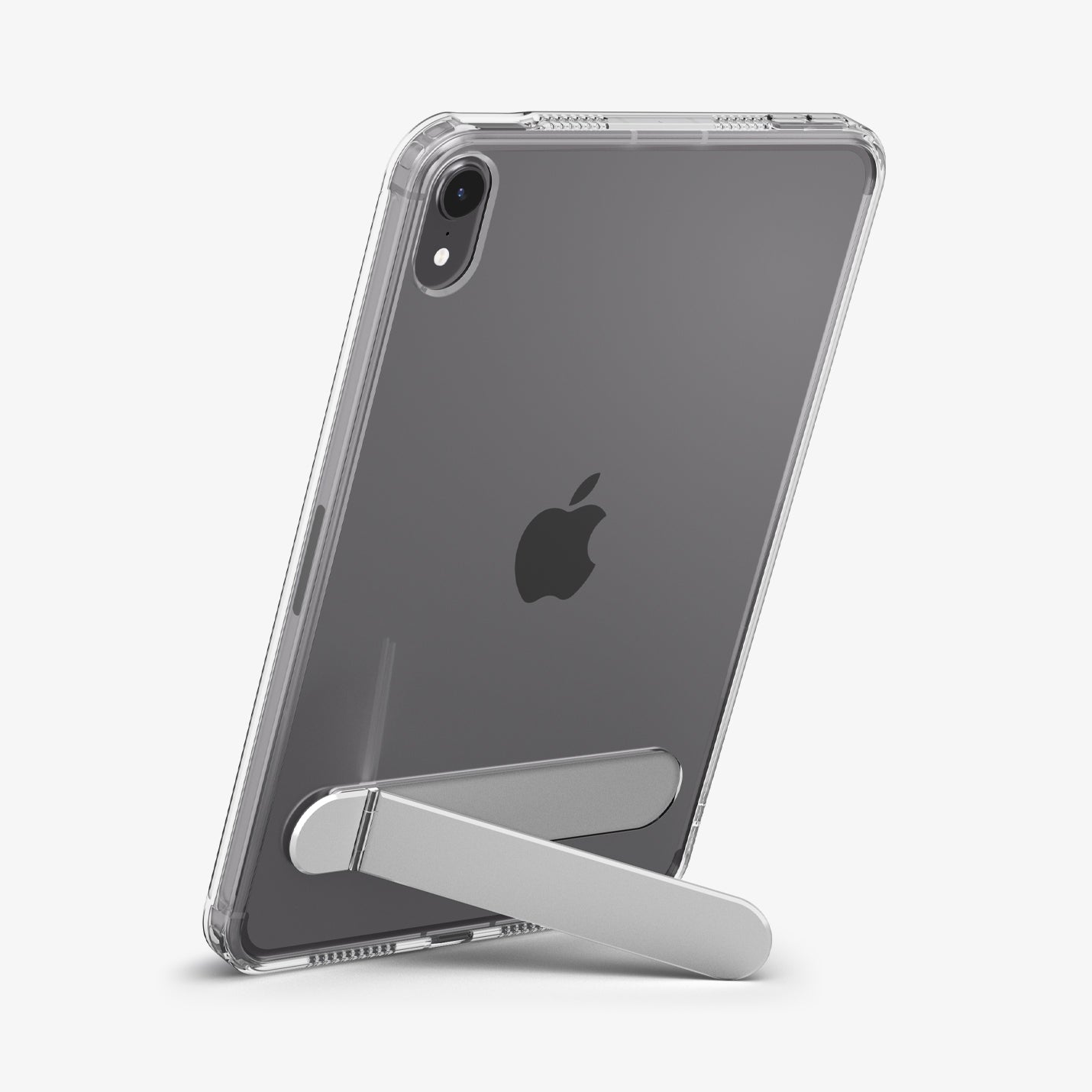 ACS11625 - Clear Spigen case with metal kickstand extended, shown propping up an iPad Mini in landscape orientation