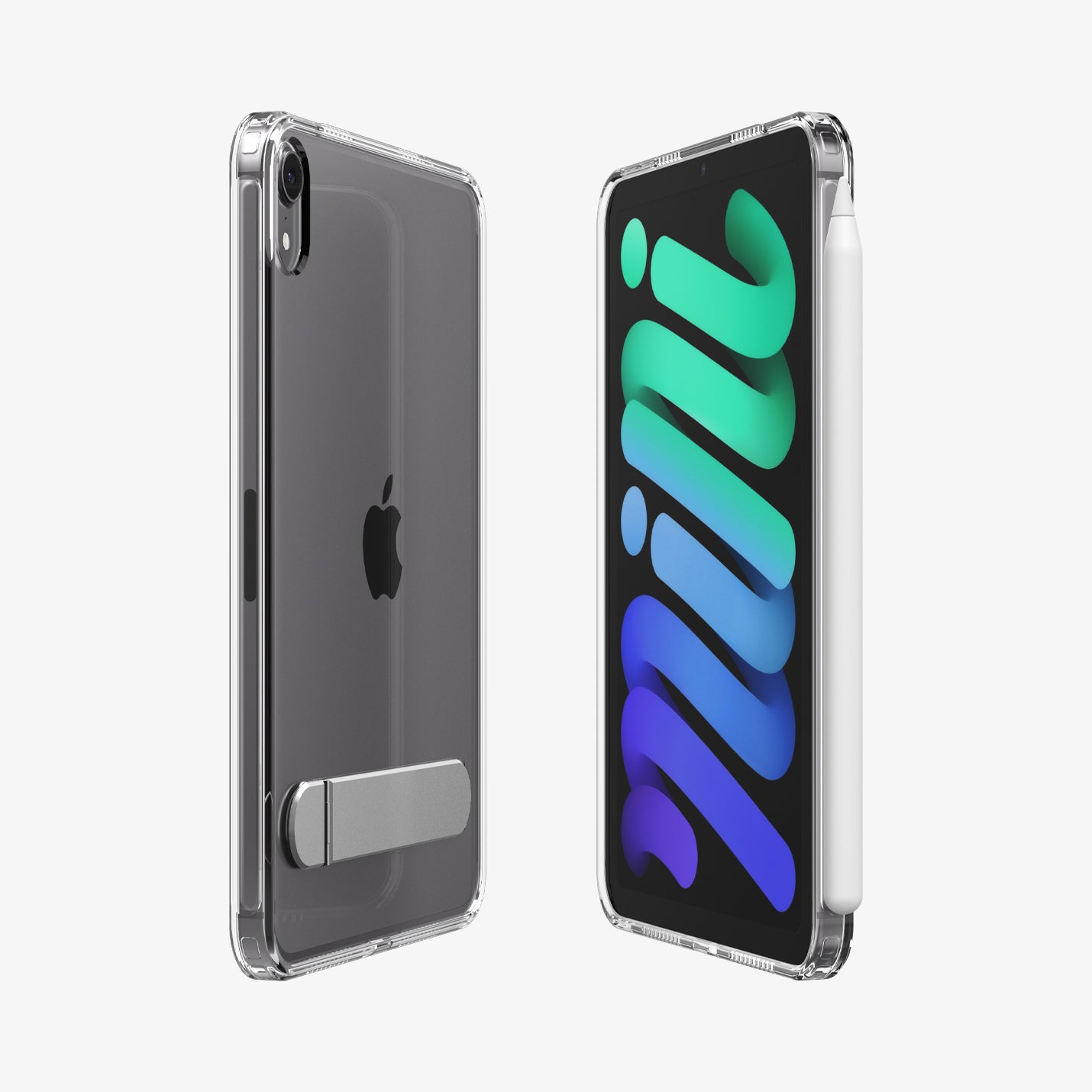 ACS11625 - Back of the Spigen case with kickstand folded flat, next to the front view of an iPad Mini showing the 'mini' display with an Apple Pencil attached