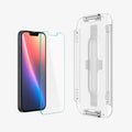 AGL03385 - iPhone 16e Plus Screen Protector EZ FIT GLAS.tR SLIM showing the inner of the installation tray in front of the screen protector and the device