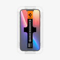 AGL03385 - iPhone 16e Plus Screen Protector EZ FIT GLAS.tR SLIM showing the front of the installation tray attached to the device