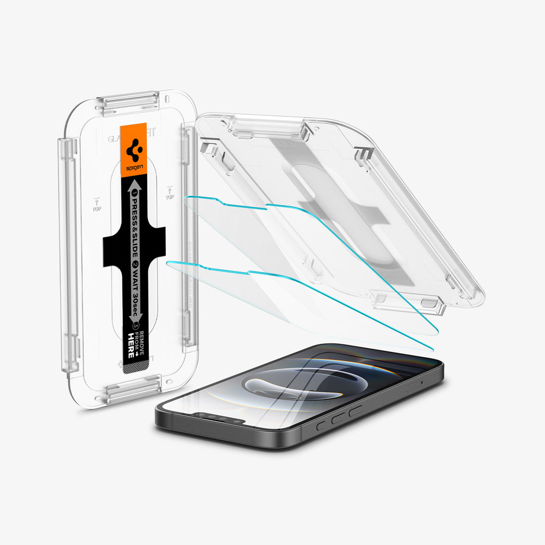 AGL03385 - iPhone 17e Plus Screen Protector EZ FIT GLAS.tR SLIM showing the device with two screen protectors and ez fit alignment tray