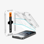 AGL03386 - iPhone 16e Screen Protector EZ FIT GLAS.tR (Sensor Protection) showing the device, two screen protectors, and ez fit tray