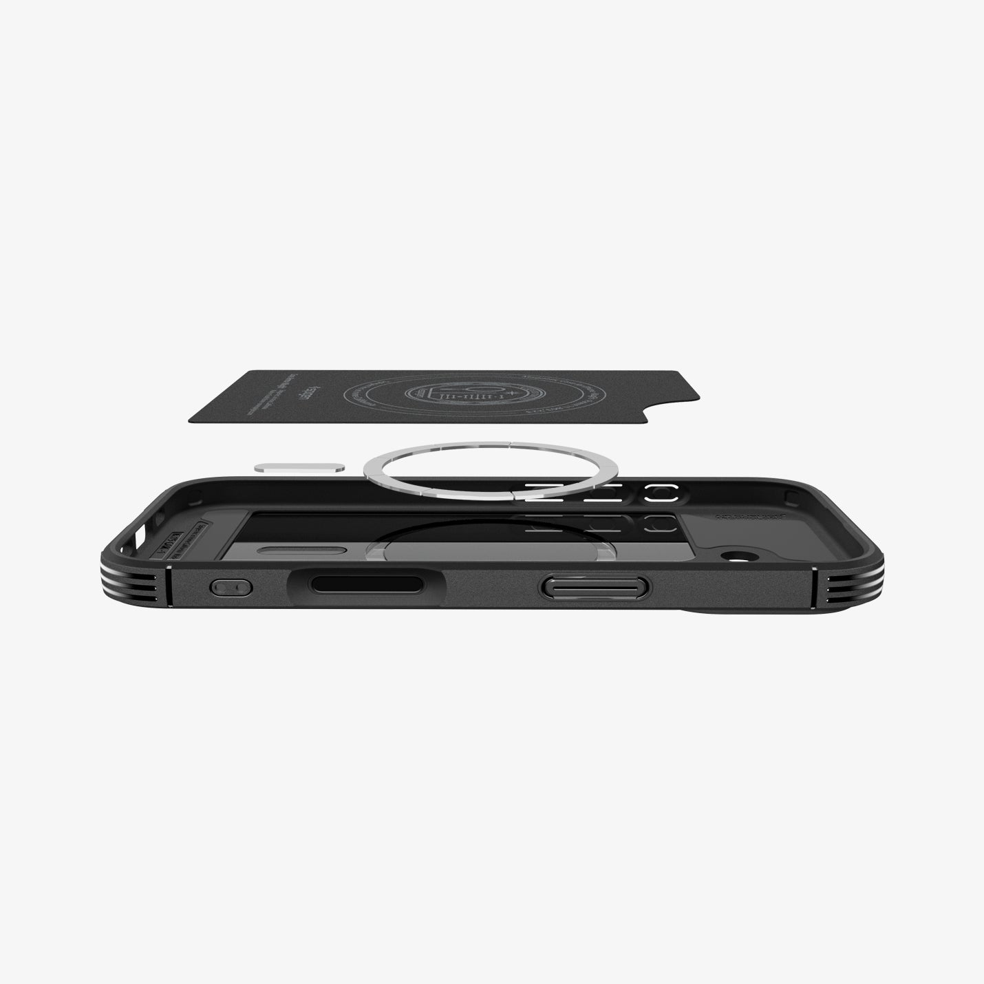 ACS09645 - iPhone 17 Core Armor (MagFit) in Matte Black showing the back cover hovering above detached metal ring plate and the back of the case