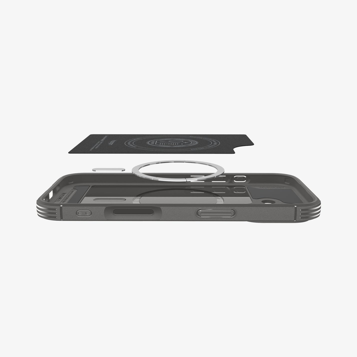 ACS09687 - iPhone 17 Core Armor (MagFit) in Marble Gray showing the back cover hovering above detached metal ring plate and the back of the case