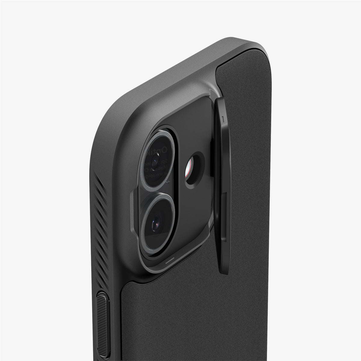 ACS09987 - iPhone 17 Series Case Optik Armor (MagFit) in black showing the back and side zoomed in on the camera lens
