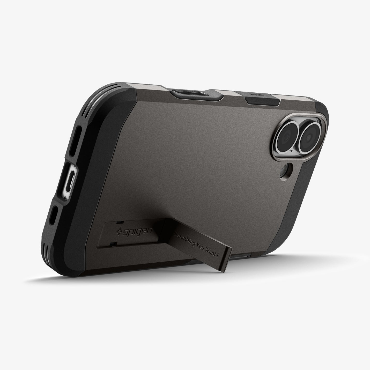 ACS09985 - iPhone 17 Case Tough Armor T AI (MagFit) in gunmetal showing the back with device propped up by built in kickstand
