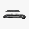 ACS09613 - iPhone 17 Air Core Armor (MagFit) in Matte Black showing the back cover hovering above detached metal ring plate and the back of the case