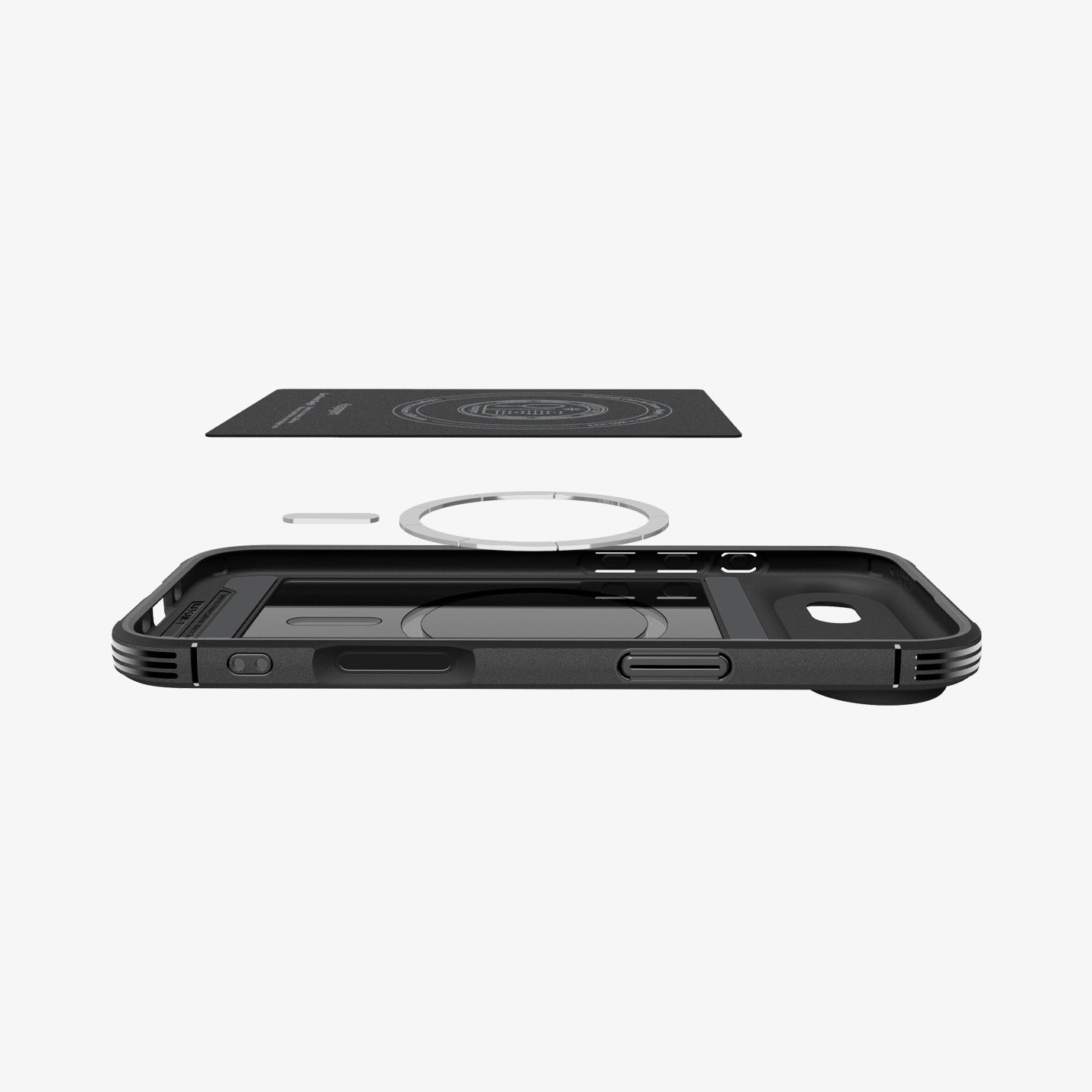 ACS09613 - iPhone 17 Air Core Armor (MagFit) in Matte Black showing the back cover hovering above detached metal ring plate and the back of the case