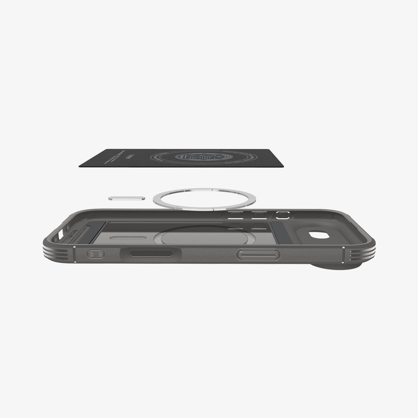 ACS09677 - iPhone 17 Air Core Armor (MagFit) in Marble Gray showing the back cover hovering above detached metal ring plate and the back of the case