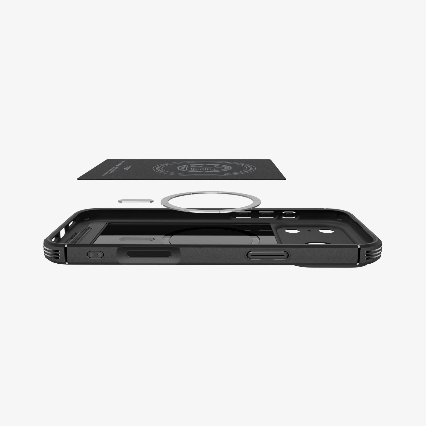 ACS09627 - iPhone 17 Pro Core Armor (MagFit) in Matte Black showing the back cover hovering above detached metal ring plate and the back of the case