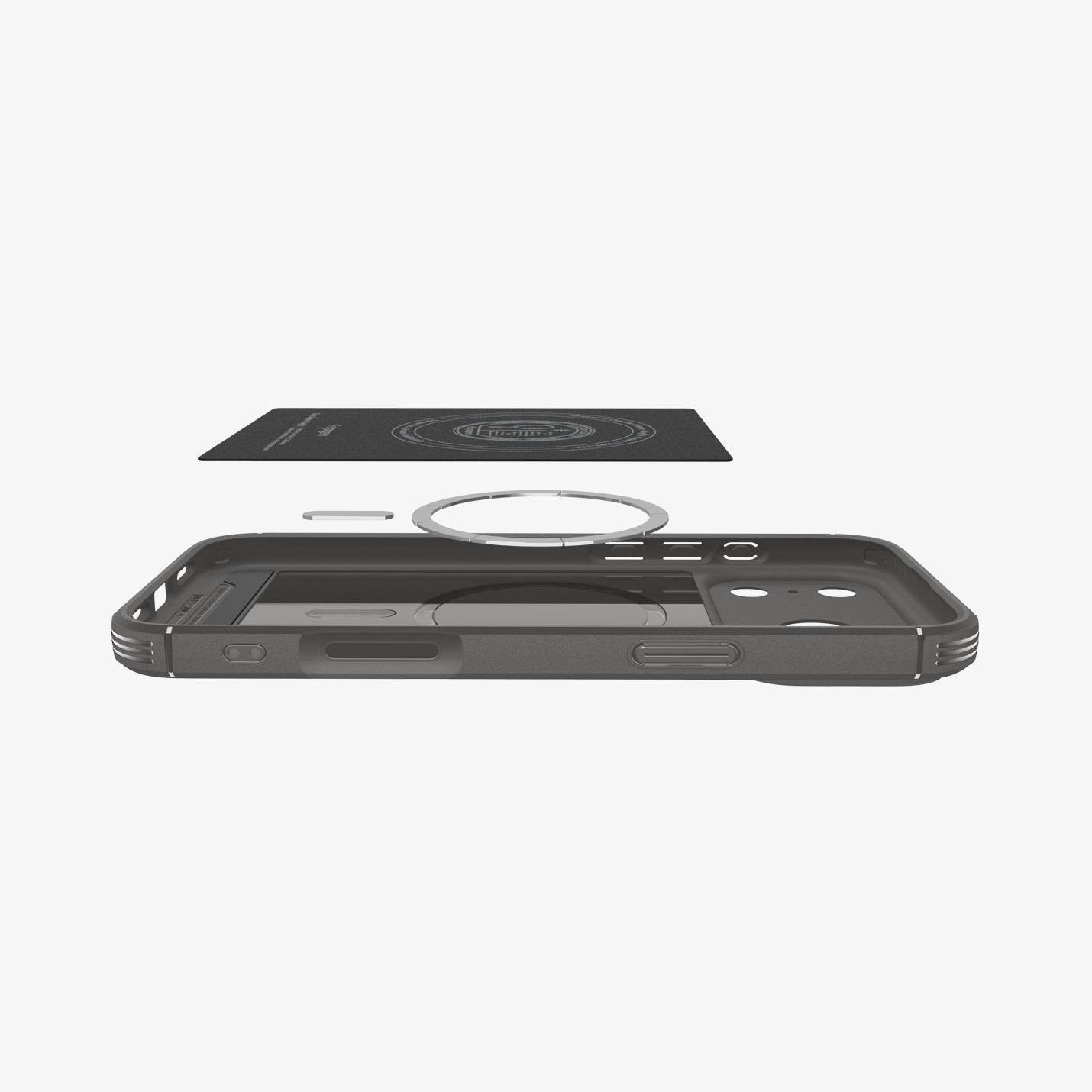 ACS09672 - iPhone 17 Pro Max Core Armor (MagFit) in Marble Gray showing the back cover hovering above detached metal ring plate and the back of the case