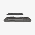 ACS09682 - iPhone 17 Pro Core Armor (MagFit) in Marble Gray showing the back cover hovering above detached metal ring plate and the back of the case