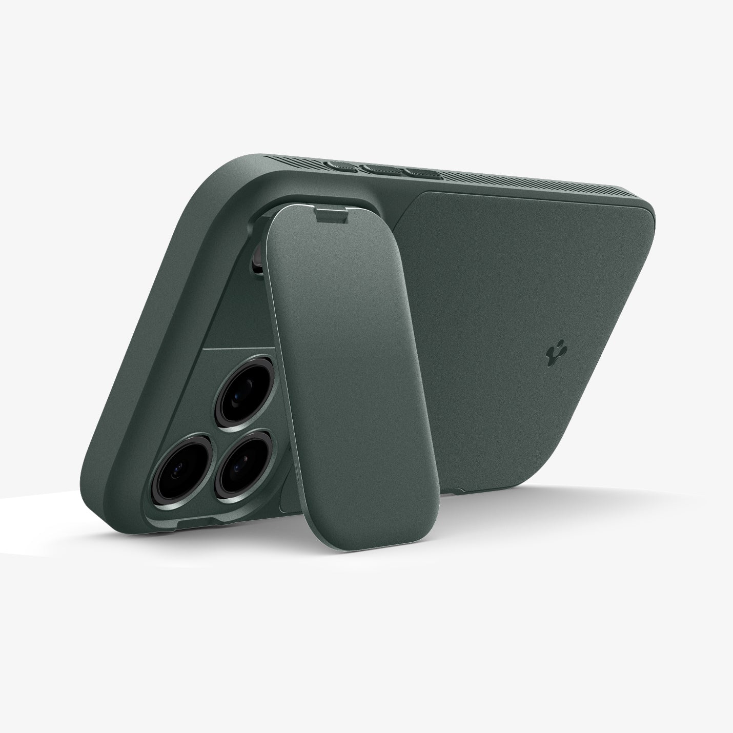ACS09954 - iPhone 17 Pro Series Case Optik Armor (MagFit) in abyss green showing the back with device propped up by camera lens