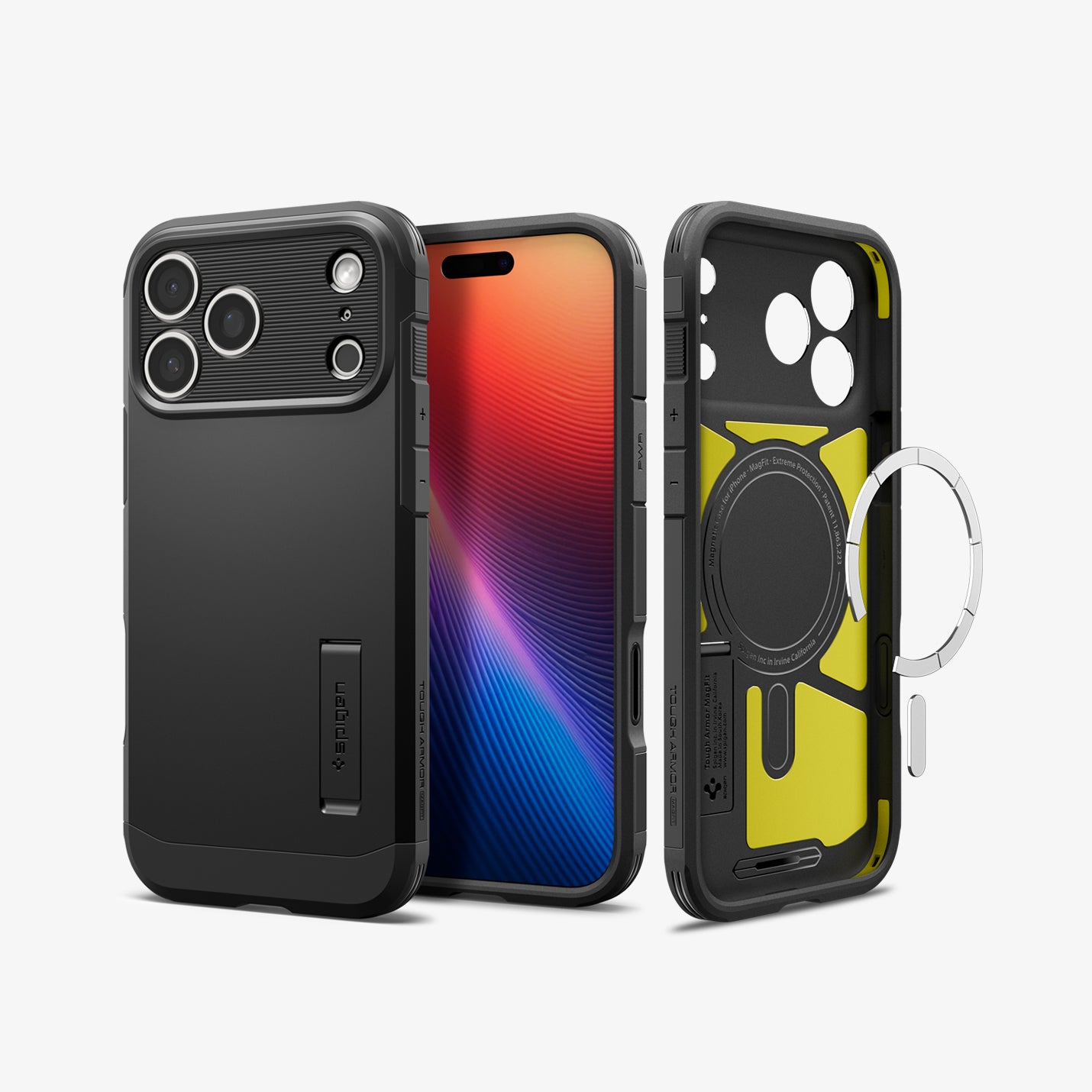 ACS09950 - iPhone 17 Pro Case Tough Armor T AI (MagFit) in black showing the back, front and inside of case