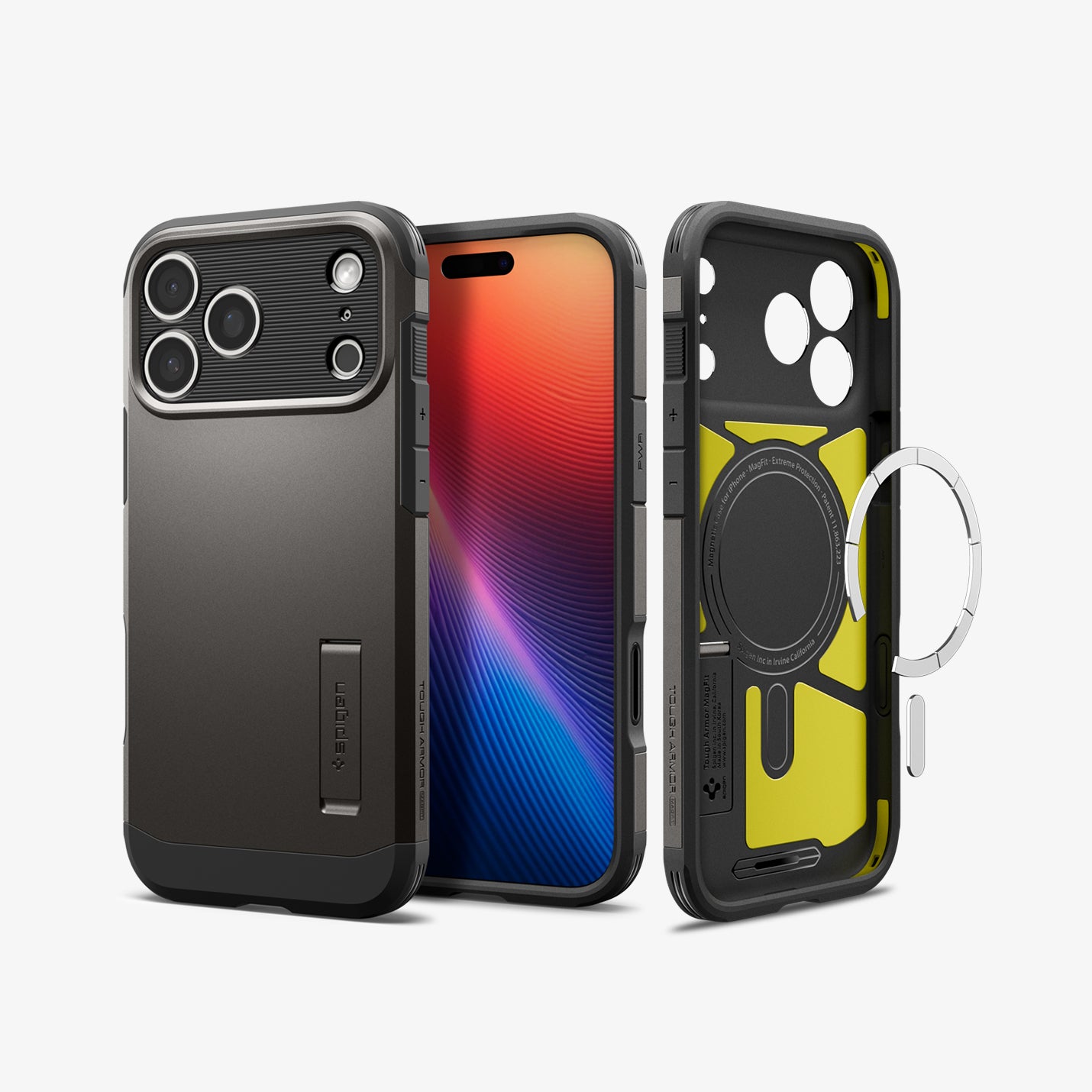 ACS09951 - iPhone 17 Pro Case Tough Armor T AI (MagFit) in gunmetal showing the back, front and inside of case