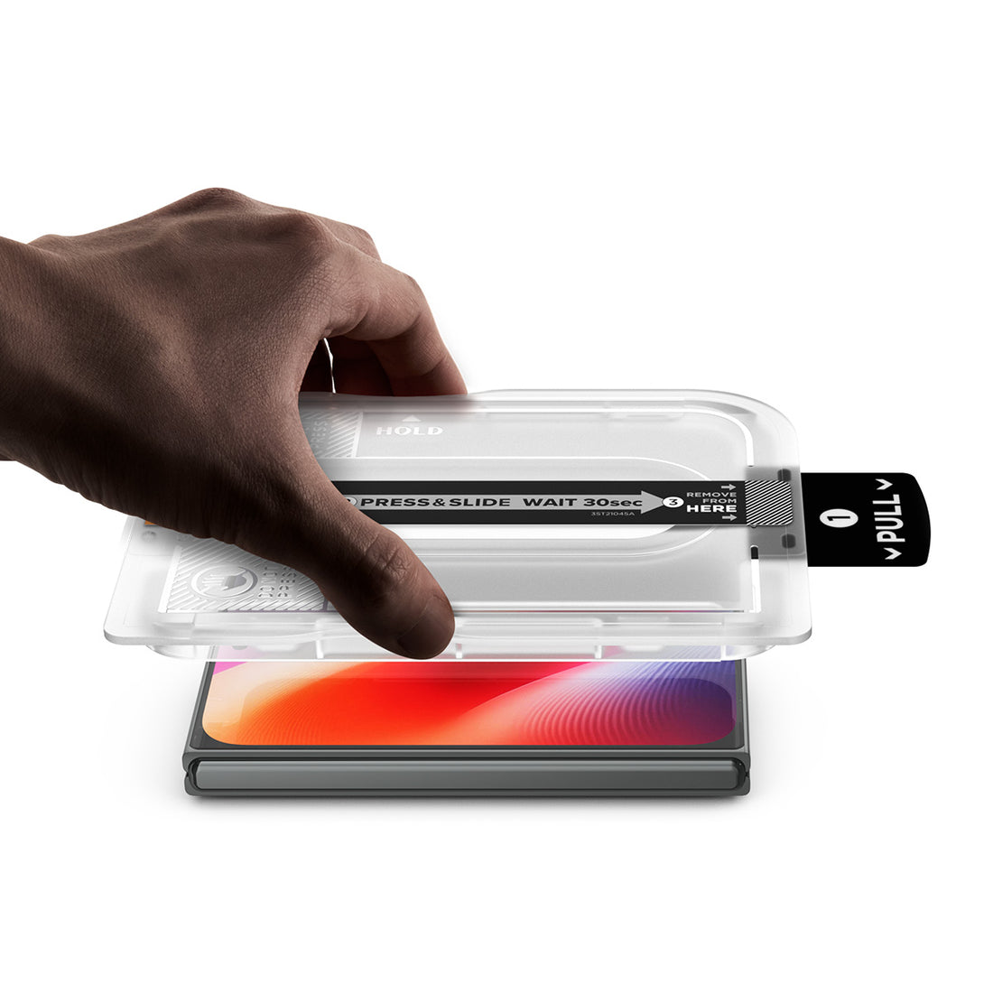 AGL12009 - iPhone Duo GLAS.tR EZ Fit Pro | Privacy showing the installation tray positioned over a foldable device during the screen protector application process.