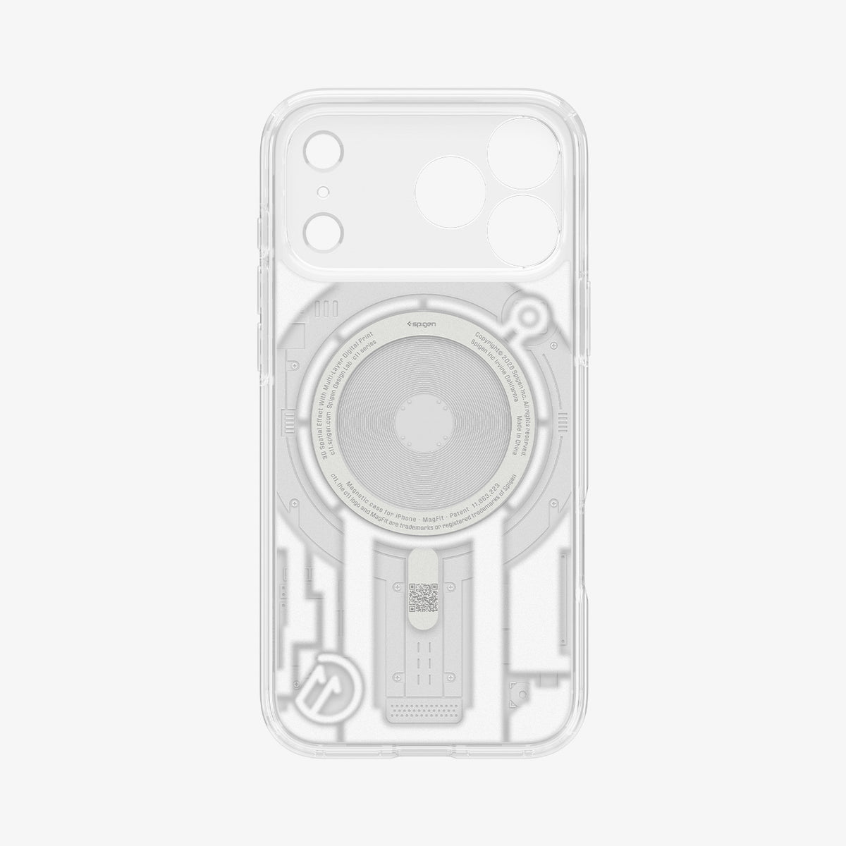 ACS12307 - Empty Spigen c11 Element MagFit case viewed from the inside, showing the circuit print, QR code, and camera cutouts
