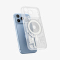 ACS12307 - Clear Spigen c11 Element MagFit case with a circuit-board print lifting off the back of a blue iPhone Pro