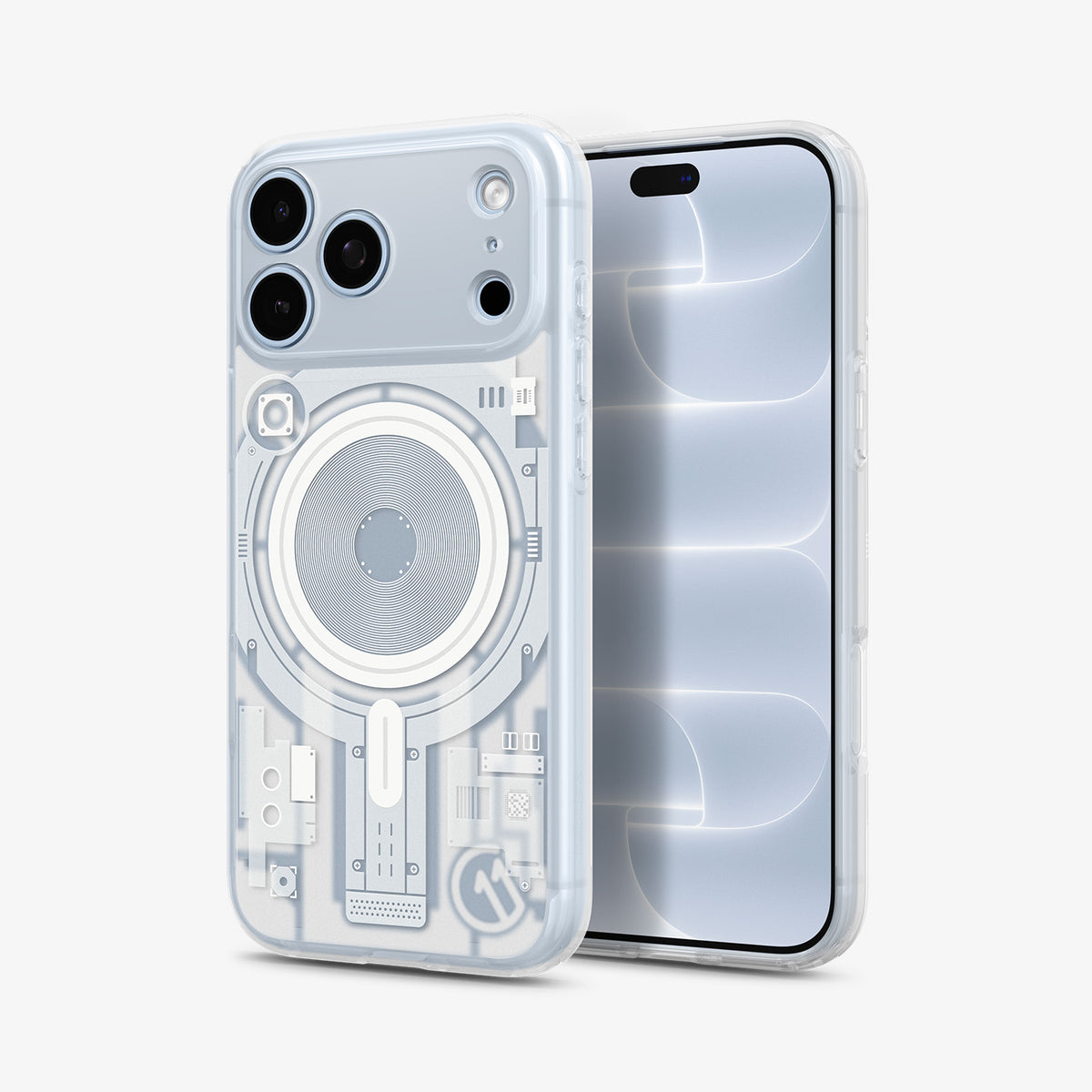 ACS12308 - Back and front of a blue iPhone Pro in the clear Spigen c11 Element MagFit case, showing the circuit print and MagSafe ring design