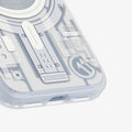 ACS12307 - Close-up of the bottom corner of the Spigen c11 Element case showing the circuit-board print detail and precise port cutouts