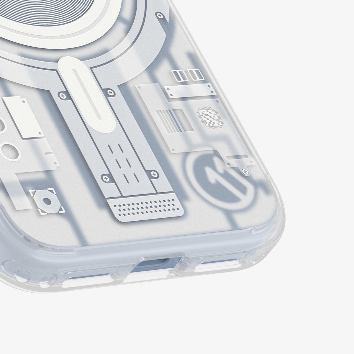 ACS12308 - Close-up of the bottom corner of the Spigen c11 Element case showing the circuit-board print detail and precise port cutouts