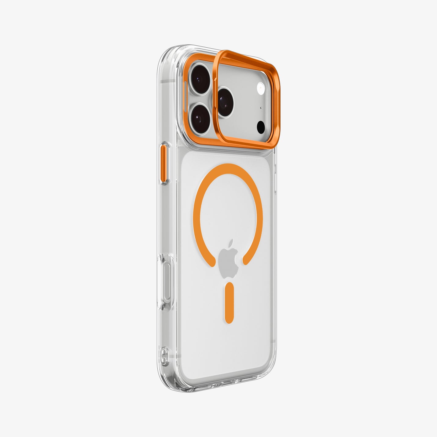 ACS11923 - iPhone 18 Pro / iPhone 17 Pro Ultra Hybrid Optik S (Mag Fit) Clear Orange showing an angled rear view highlighting the clear case and raised camera ring stand