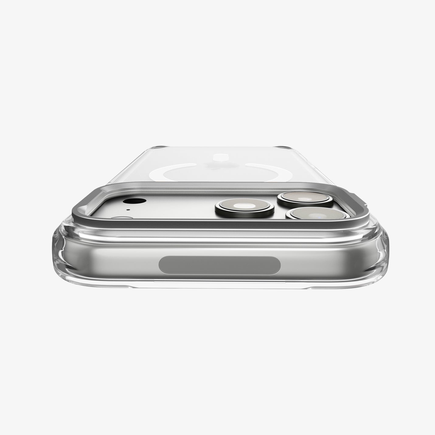 ACS11921 - iPhone 18 Pro / iPhone 17 Pro Ultra Hybrid Optik S (Mag Fit) Clear Silver showing a close-up of the raised camera frame folded flat around the camera area