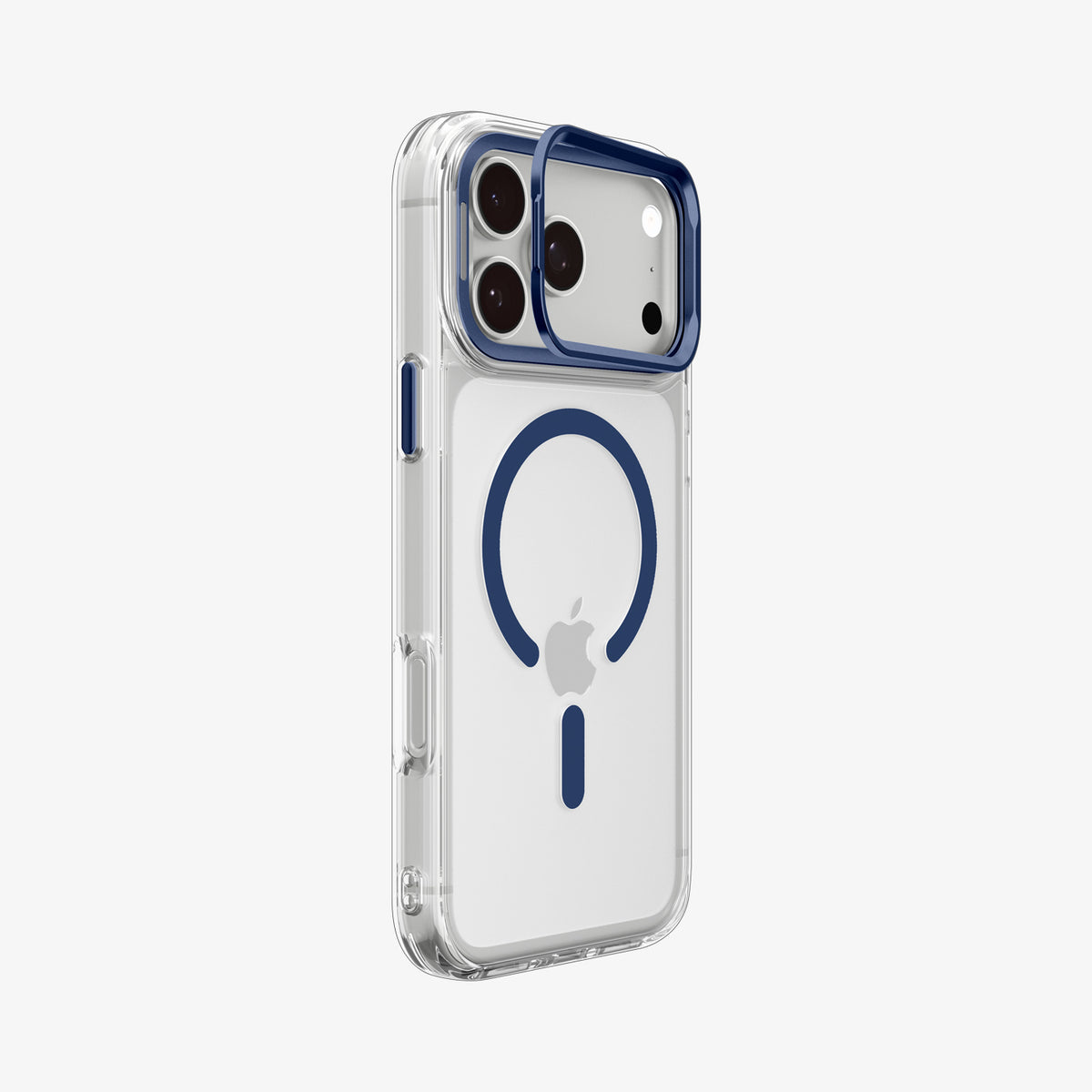 ACS11922 - iPhone 18 Pro / iPhone 17 Pro Ultra Hybrid Optik S (Mag Fit) Clear Deep Blue showing an angled rear view highlighting the clear case and raised camera ring stand