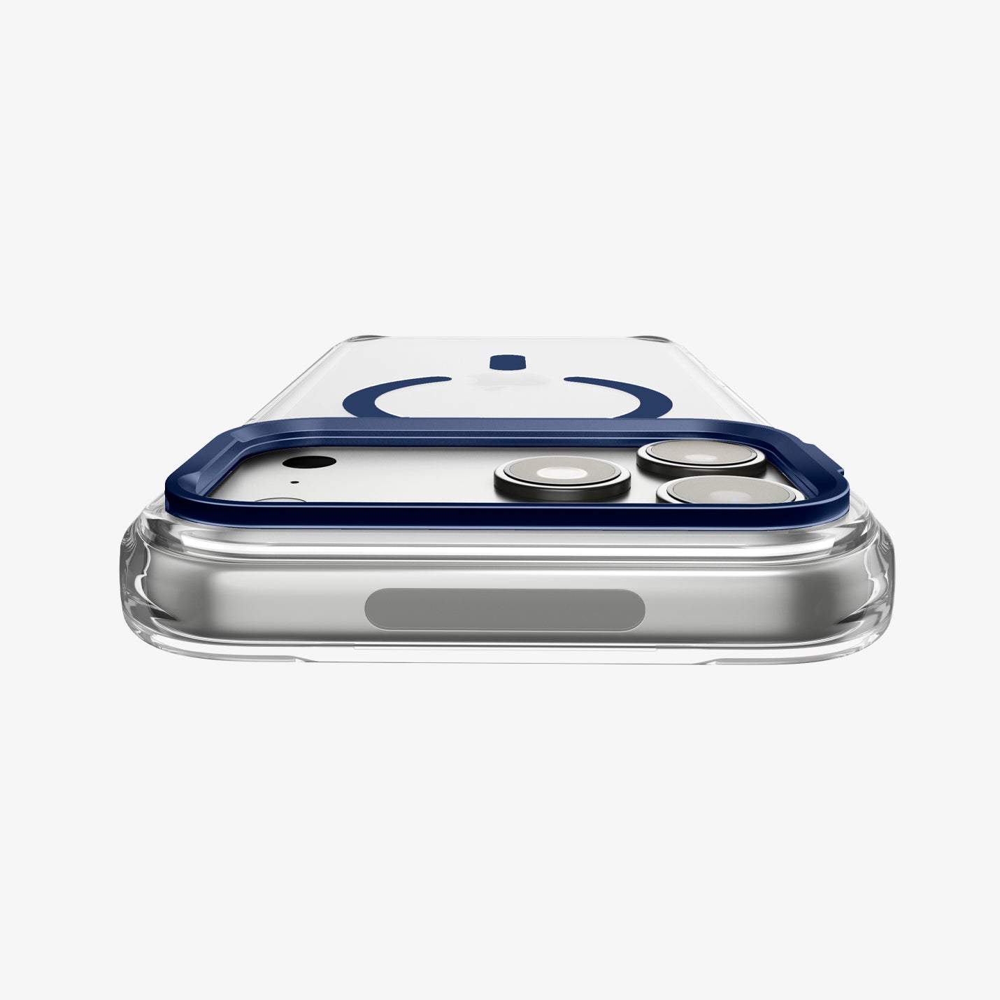 ACS11922 - iPhone 18 Pro / iPhone 17 Pro Ultra Hybrid Optik S (Mag Fit) Clear Deep Blue showing a close-up of the raised camera frame folded flat around the camera area