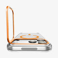 ACS11923 - iPhone 18 Pro / iPhone 17 Pro Ultra Hybrid Optik S (Mag Fit) Clear Orange showing the camera ring stand opened upright for adjustable viewing support