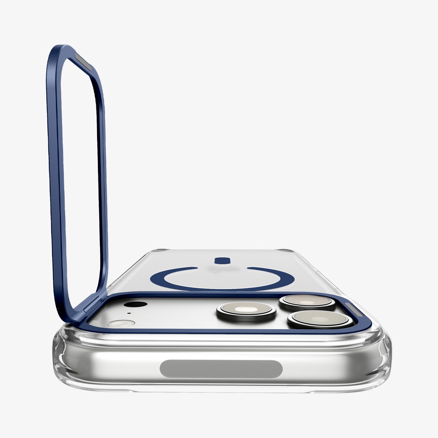 ACS11922 - iPhone 18 Pro / iPhone 17 Pro Ultra Hybrid Optik S (Mag Fit) Clear Deep Blue showing the camera ring stand opened upright for adjustable viewing support
