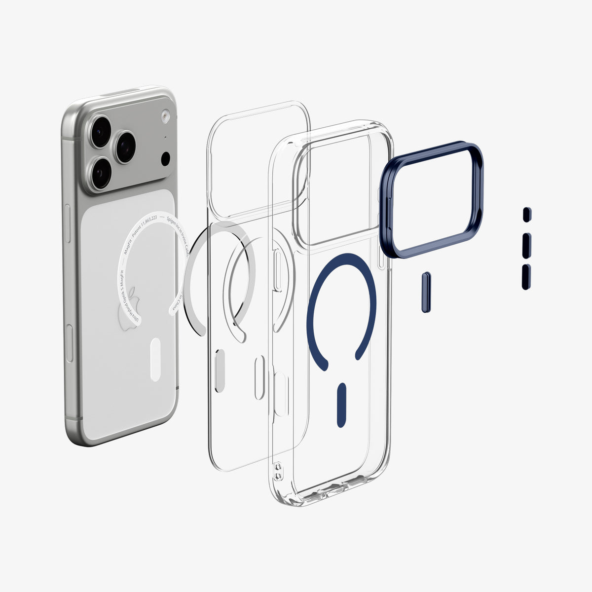 ACS11922 - iPhone 18 Pro / iPhone 17 Pro Ultra Hybrid Optik S (Mag Fit) Clear Deep Blue showing an exploded view of the case layers, magnetic ring, camera frame, and button components