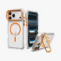 ACS11923 - iPhone 18 Pro / iPhone 17 Pro Ultra Hybrid Optik S (Mag Fit) Clear Orange showing multiple views of a clear case with a built-in camera ring stand and magnetic back design