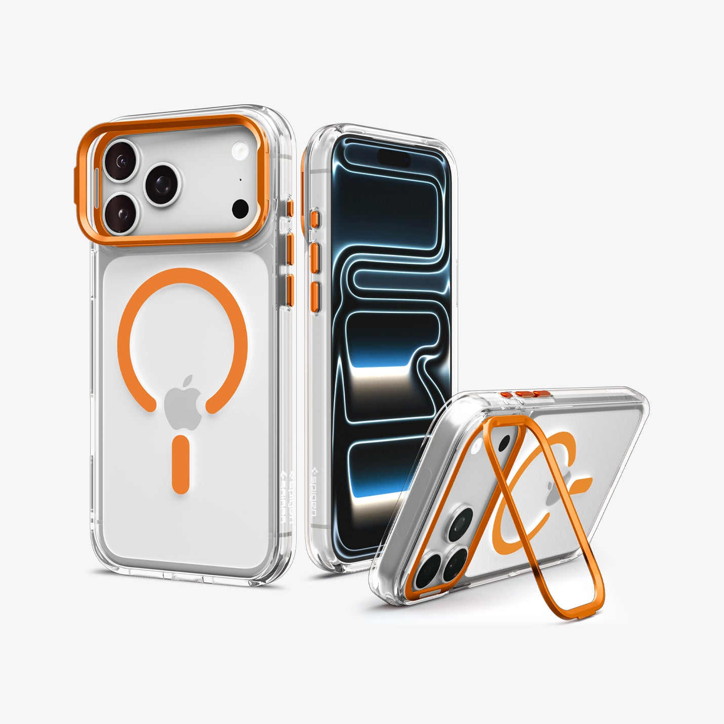 ACS11923 - iPhone 18 Pro / iPhone 17 Pro Ultra Hybrid Optik S (Mag Fit) Clear Orange showing multiple views of a clear case with a built-in camera ring stand and magnetic back design