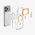 ACS11923 - iPhone 18 Pro / iPhone 17 Pro Ultra Hybrid Optik S (Mag Fit) Clear Orange showing an exploded view of the case layers, magnetic ring, camera frame, and button components