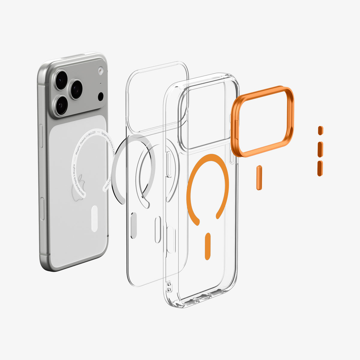 ACS11923 - iPhone 18 Pro / iPhone 17 Pro Ultra Hybrid Optik S (Mag Fit) Clear Orange showing an exploded view of the case layers, magnetic ring, camera frame, and button components