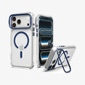 ACS11909 - iPhone 18 Pro Max / iPhone 17 Pro Max Ultra Hybrid Optik S (Mag Fit) Clear Deep Blue showing multiple views of a clear case with a built-in camera ring stand and magnetic back design