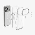 ACS11908 - iPhone 18 Pro Max / iPhone 17 Pro Max Ultra Hybrid Optik S (Mag Fit) Clear Silver showing an exploded view of the case layers, magnetic ring, camera frame, and button components