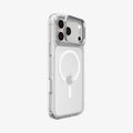 ACS11908 - iPhone 18 Pro Max / iPhone 17 Pro Max Ultra Hybrid Optik S (Mag Fit) Clear Silver showing an angled rear view highlighting the clear case and raised camera ring stand