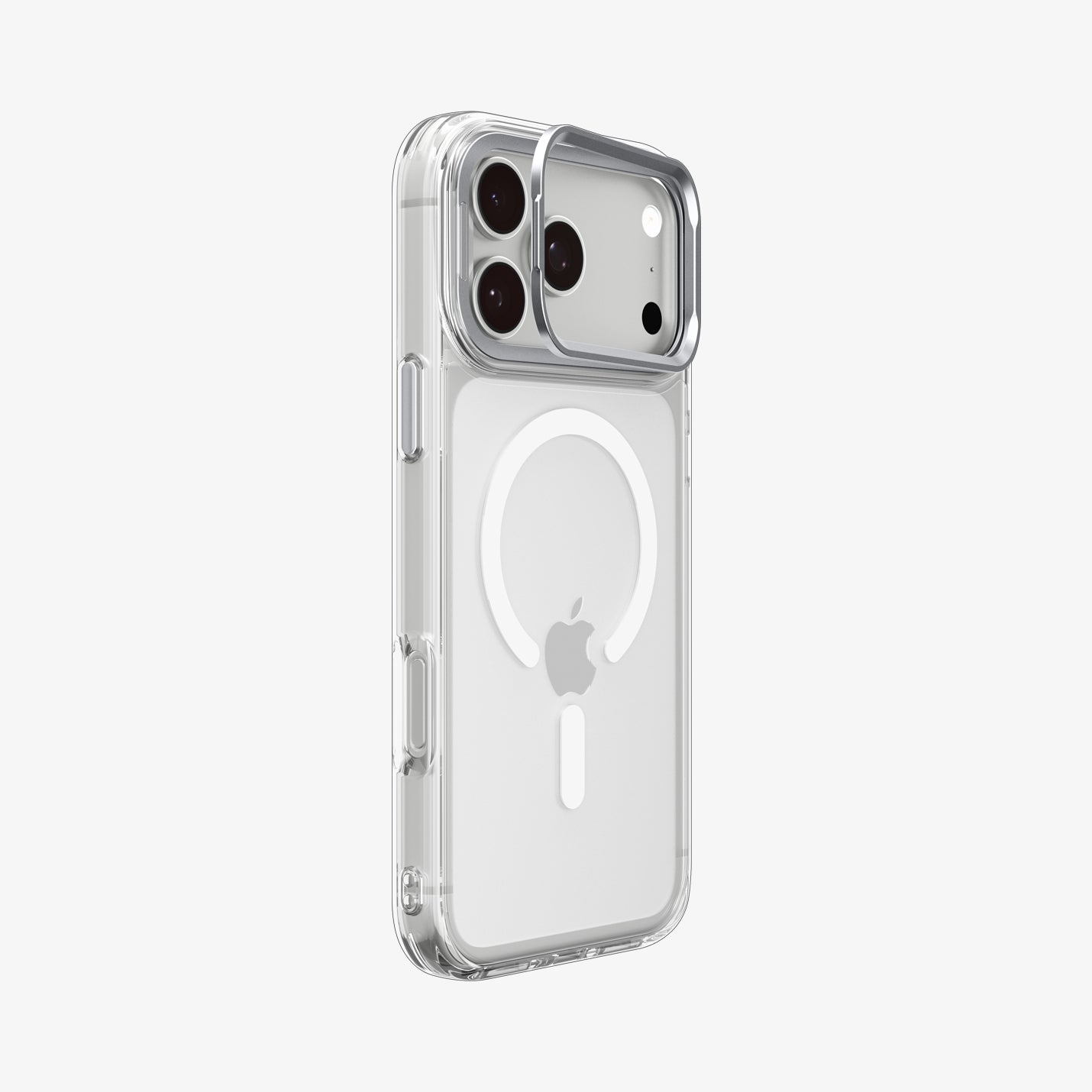 ACS11908 - iPhone 18 Pro Max / iPhone 17 Pro Max Ultra Hybrid Optik S (Mag Fit) Clear Silver showing an angled rear view highlighting the clear case and raised camera ring stand