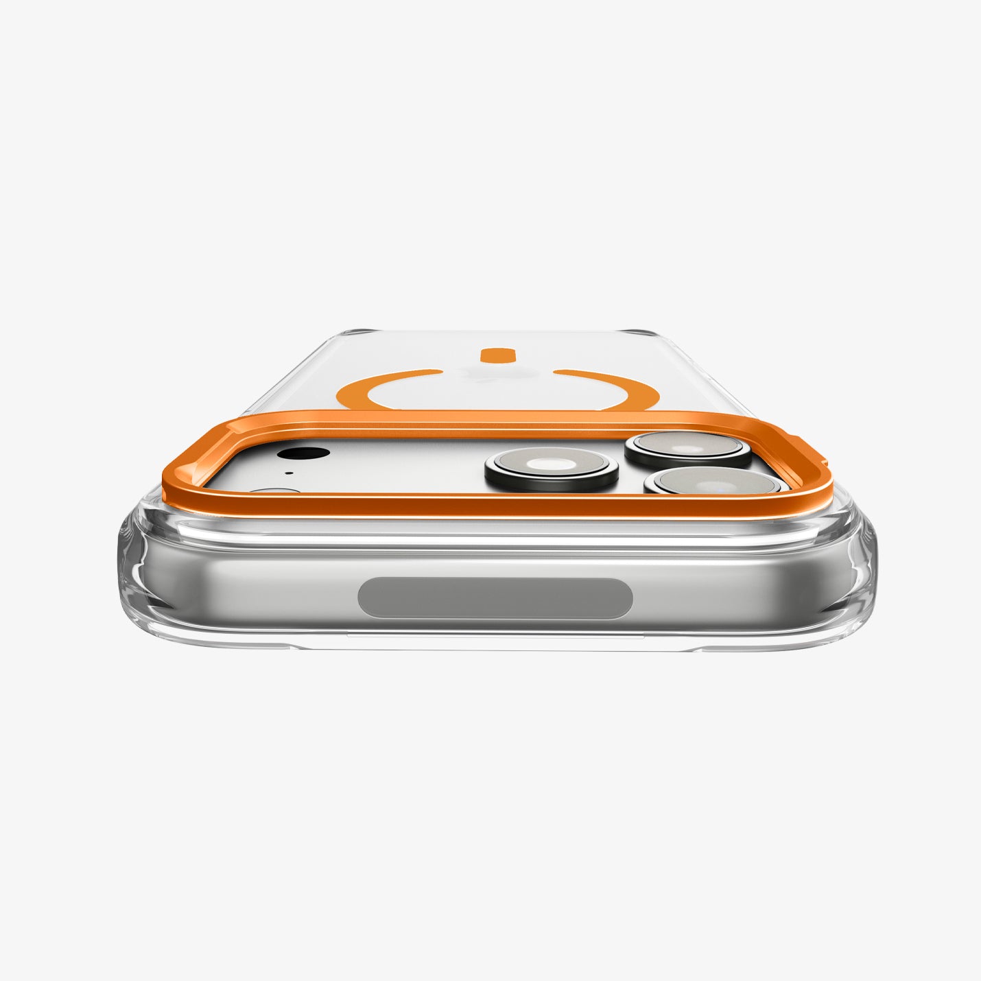ACS11910 - iPhone 18 Pro Max / iPhone 17 Pro Max Ultra Hybrid Optik S (Mag Fit) Clear Orange showing a close-up of the raised camera frame folded flat around the camera area