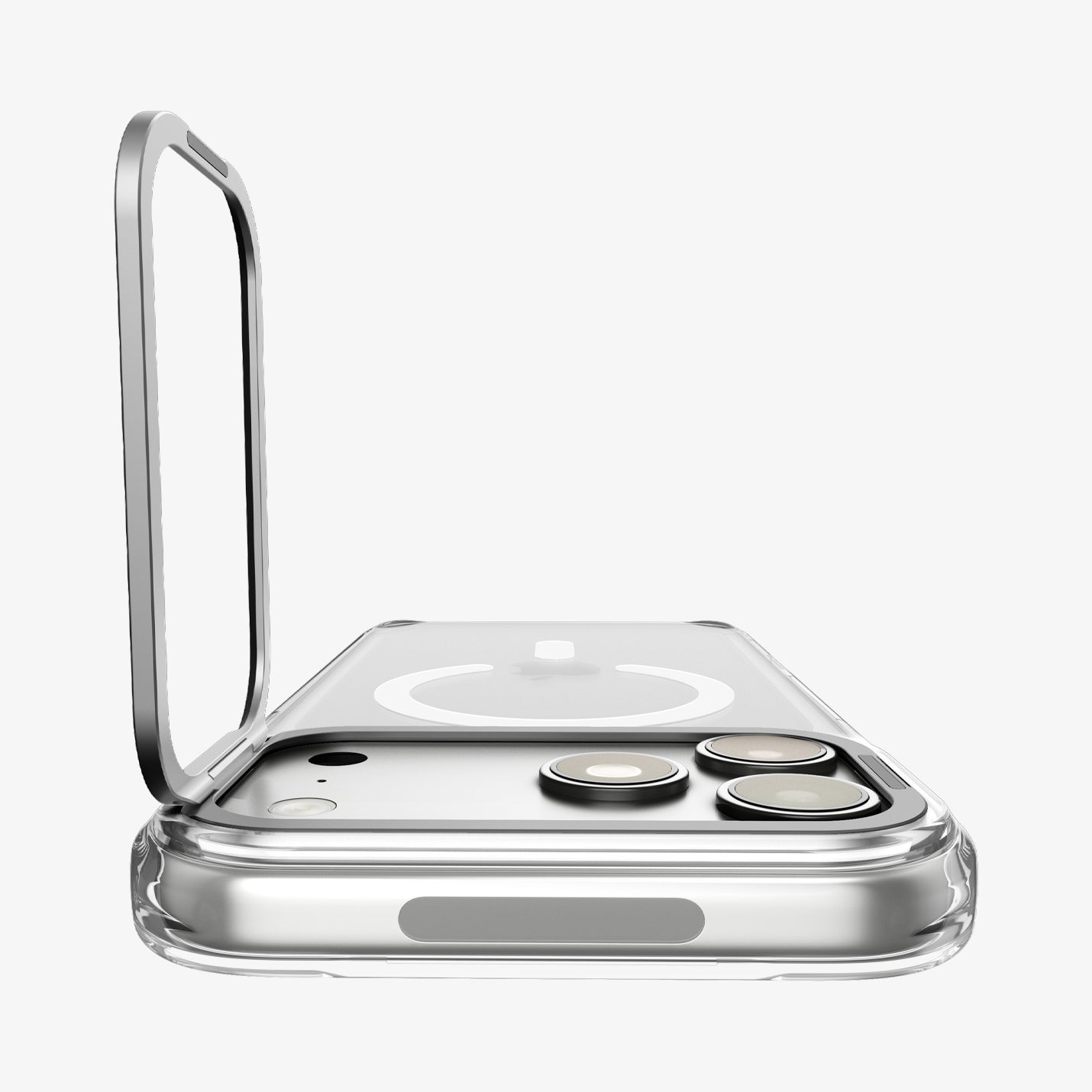 ACS11908 - iPhone 18 Pro Max / iPhone 17 Pro Max Ultra Hybrid Optik S (Mag Fit) Clear Silver showing the camera ring stand opened upright for adjustable viewing support