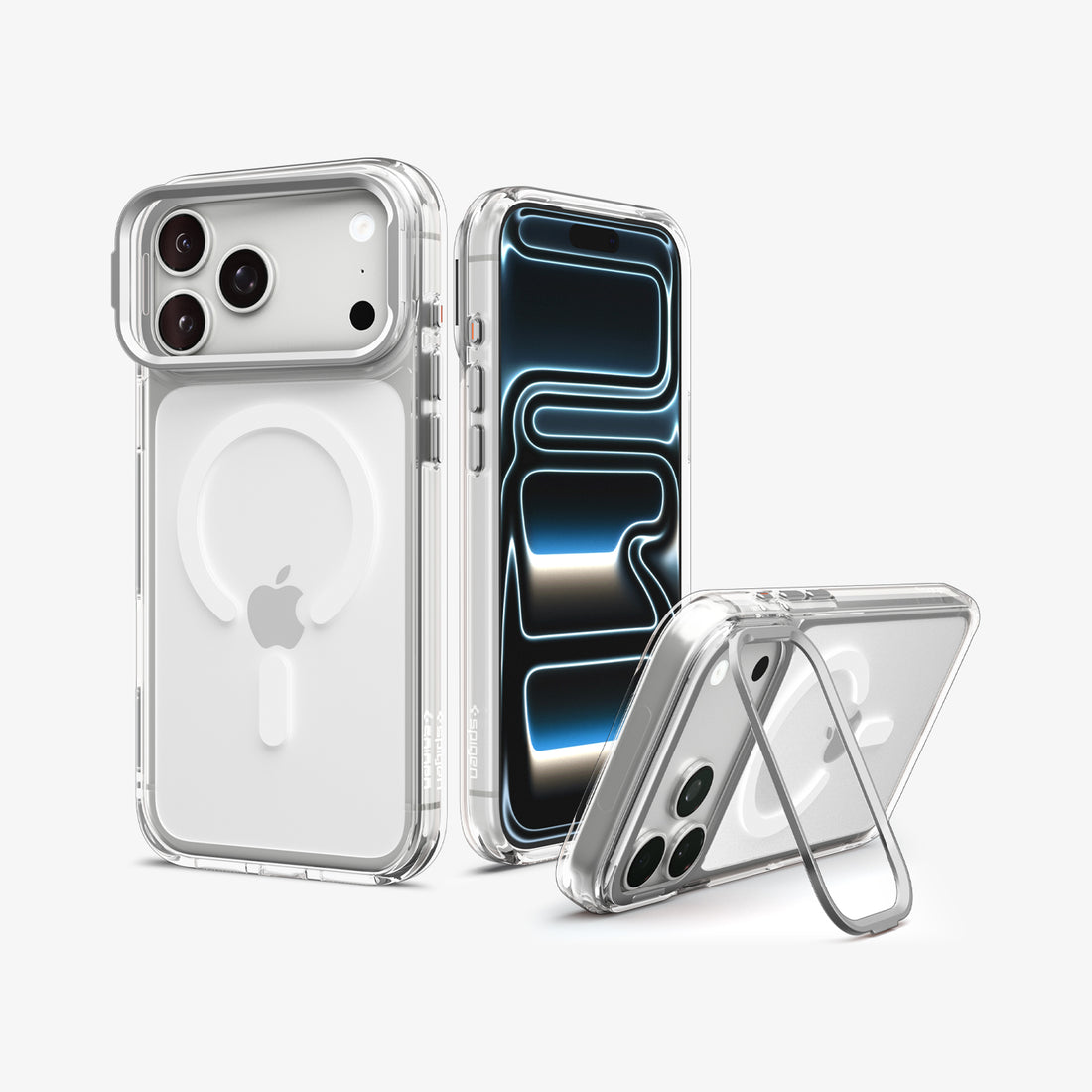 ACS11908 - iPhone 18 Pro Max / iPhone 17 Pro Max Ultra Hybrid Optik S (Mag Fit) Clear Silver showing multiple views of a clear case with a built-in camera ring stand and magnetic back design