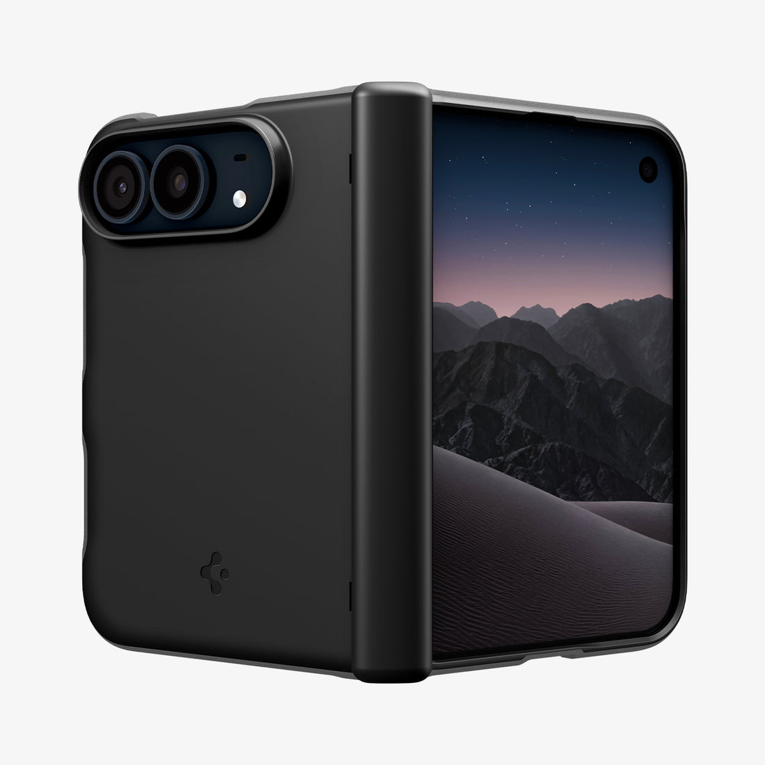 ACS11694 - iPhone Duo Air Fit Pro (Mag Fit) showing an angled view of a foldable phone case with a smooth back panel, raised camera edges, and a protective hinge cover.