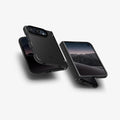 ACS11694 - iPhone Duo Air Fit Pro (Mag Fit) showing two partially folded phones with protective cases, raised camera edges, and hinge covers from different angles.