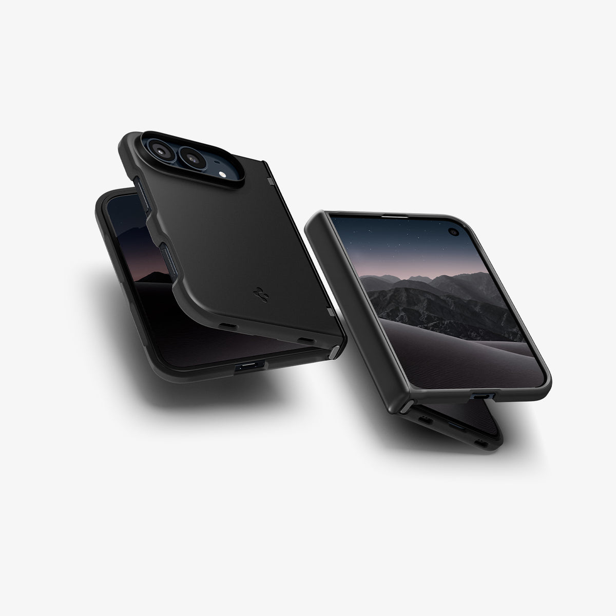 ACS11694 - iPhone Duo Air Fit Pro (Mag Fit) showing two partially folded phones with protective cases, raised camera edges, and hinge covers from different angles.